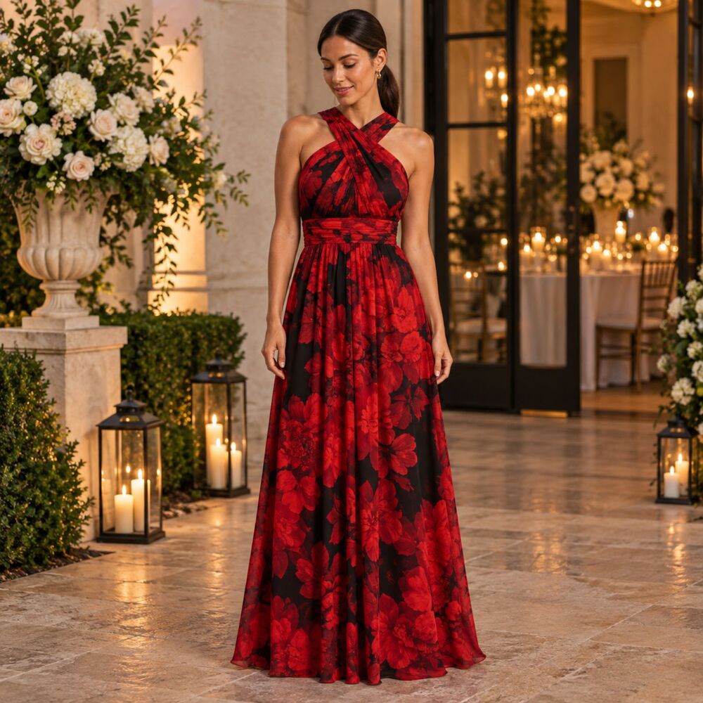 Wedding Guest Dress Calvin Klein Floral Halter Maxi Chiffon Size 4 Red Black
